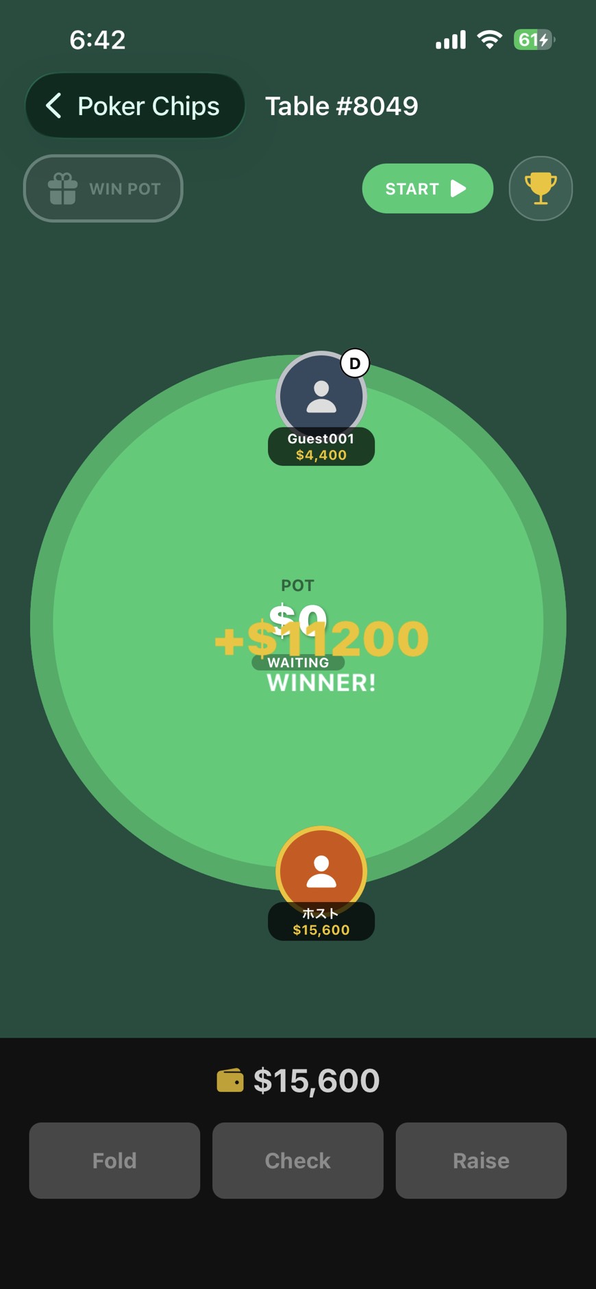 Just Poker Chip gameplay screen with a circular table layout