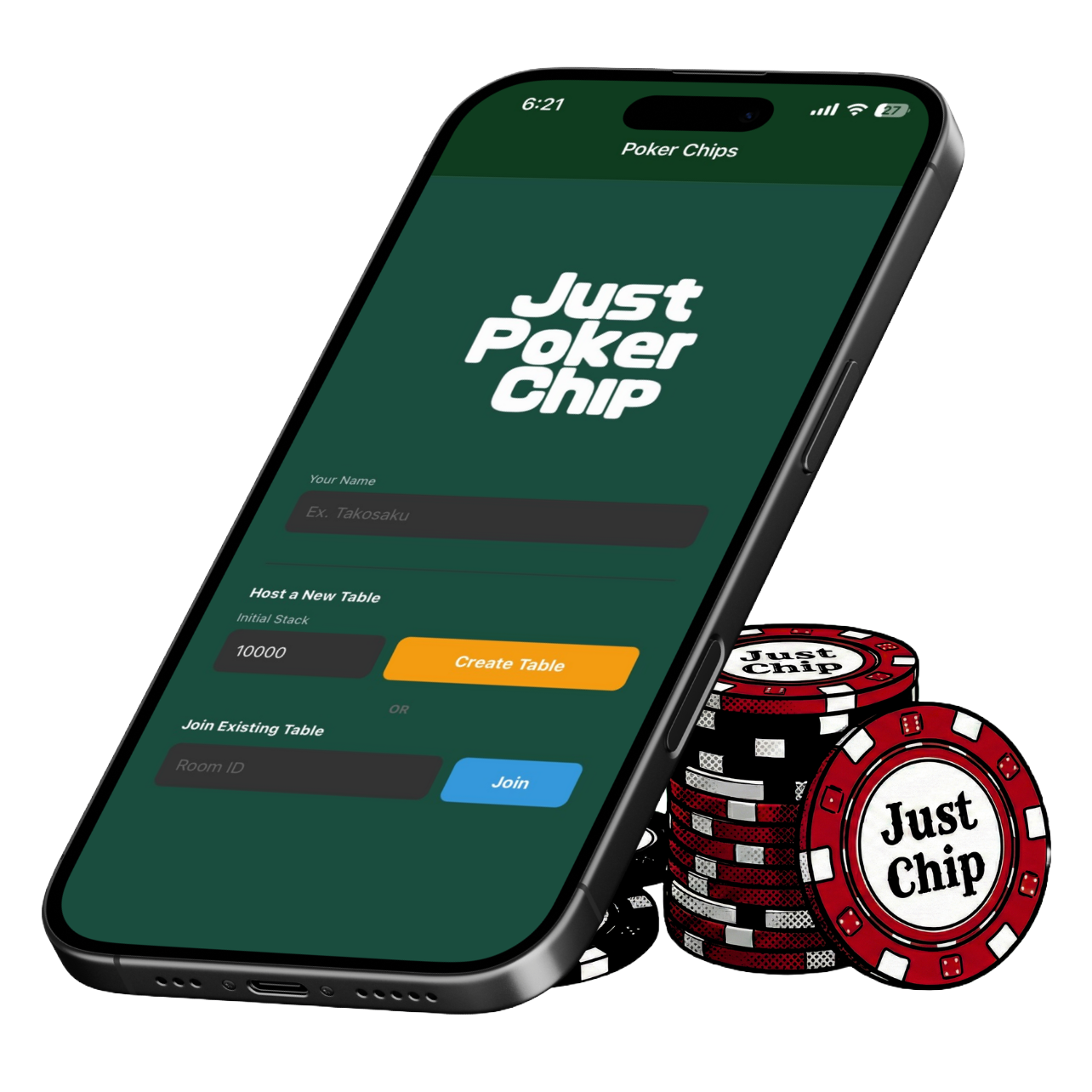 Mockup of the Just Poker Chip app home screen