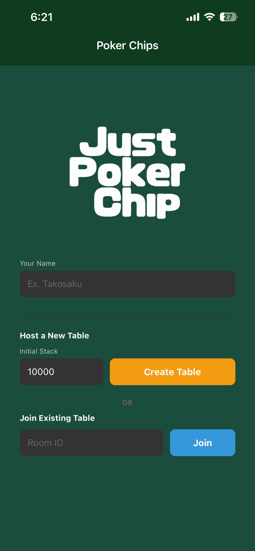 Just Poker Chip app home screen